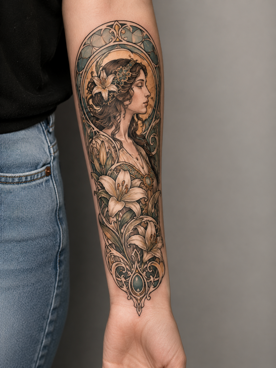 Art Nouveau portrait concept framed with flowing Floral details.
