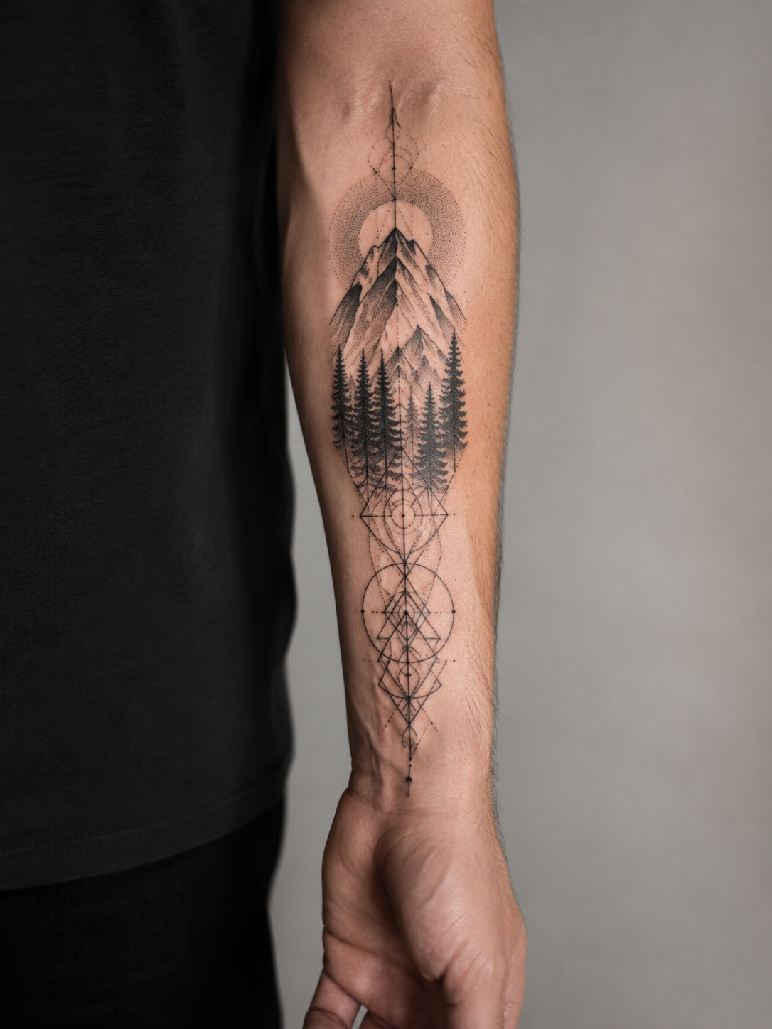 Geometric forest concept arranged in a narrow vertical shape on a forearm.