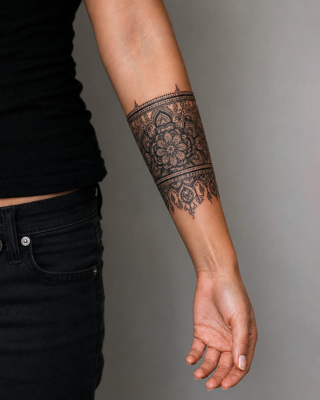 Ornamental mandala concept wrapping around the arm like a band.