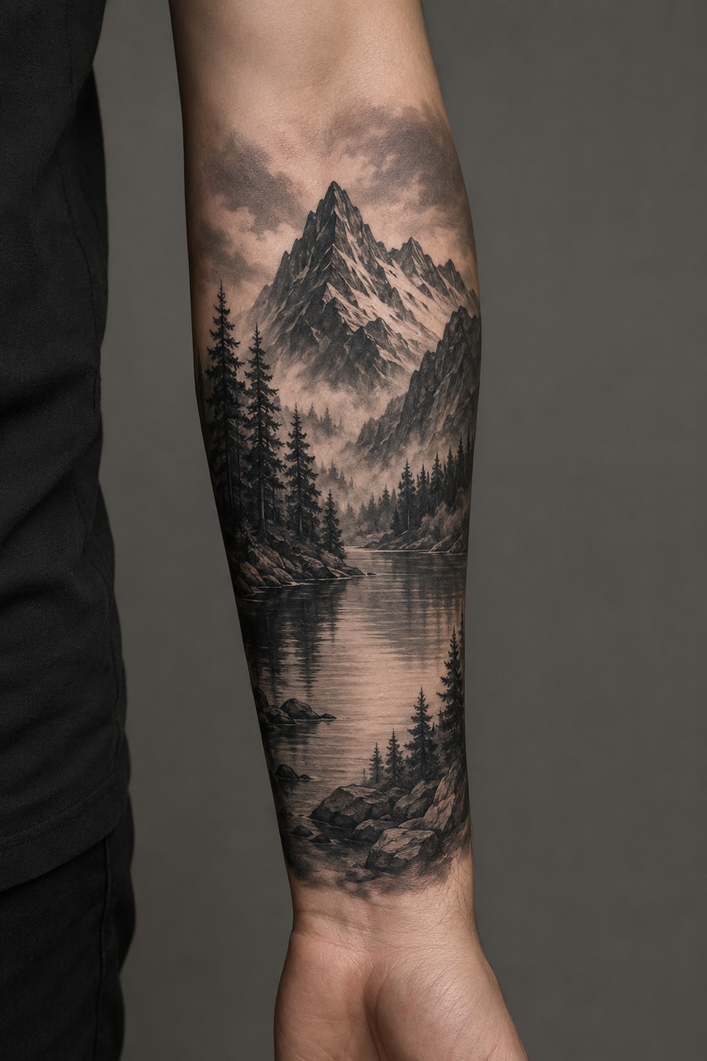 Mountain landscape concept following the long line of a forearm.