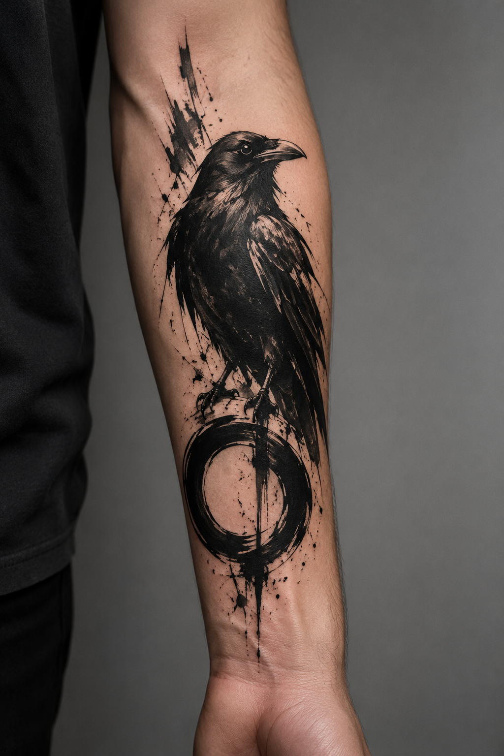 Raven brushwork concept using loose marks and areas of bare skin.