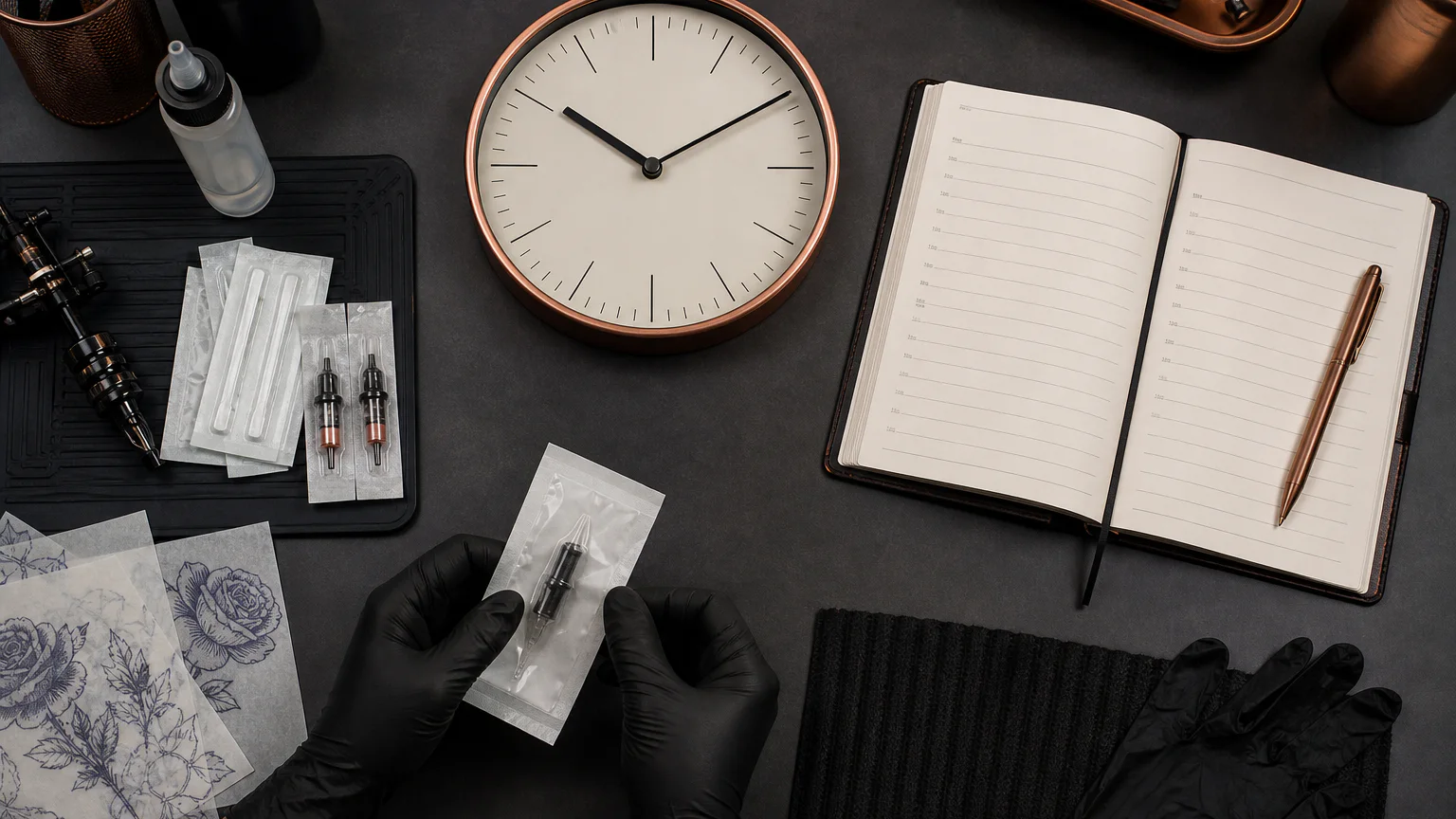 Editorial flat lay with a clock, appointment book and sealed tattoo supplies