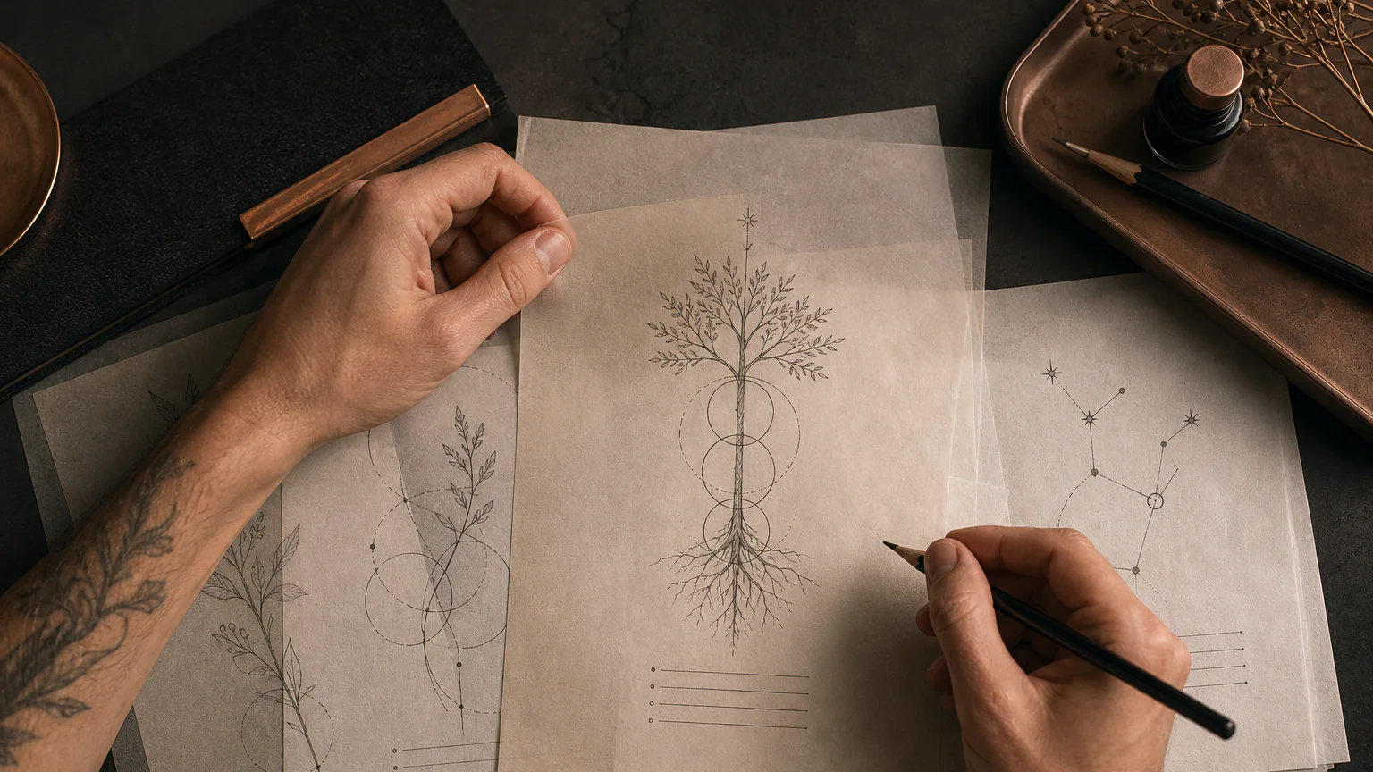 Editorial family tattoo concept with a symbolic tree, roots and botanical studies