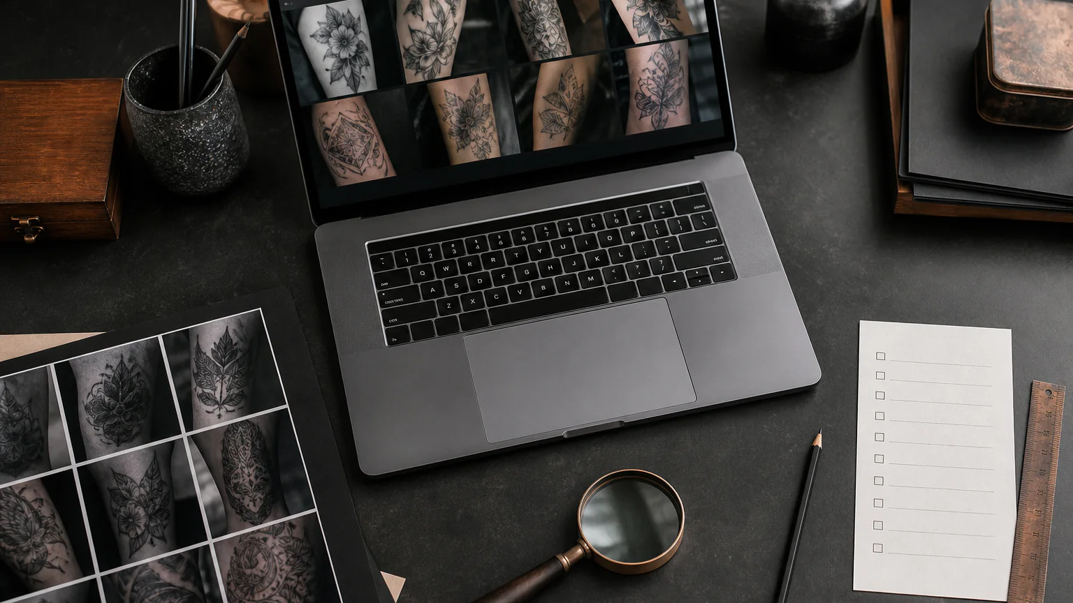 Tattoo artist portfolios compared side by side on a laptop and printed sheets