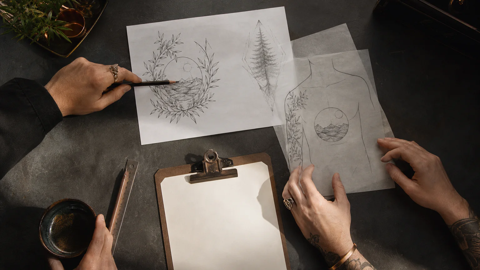 Tattoo design sketches and botanical reference drawings laid out on a studio worktable