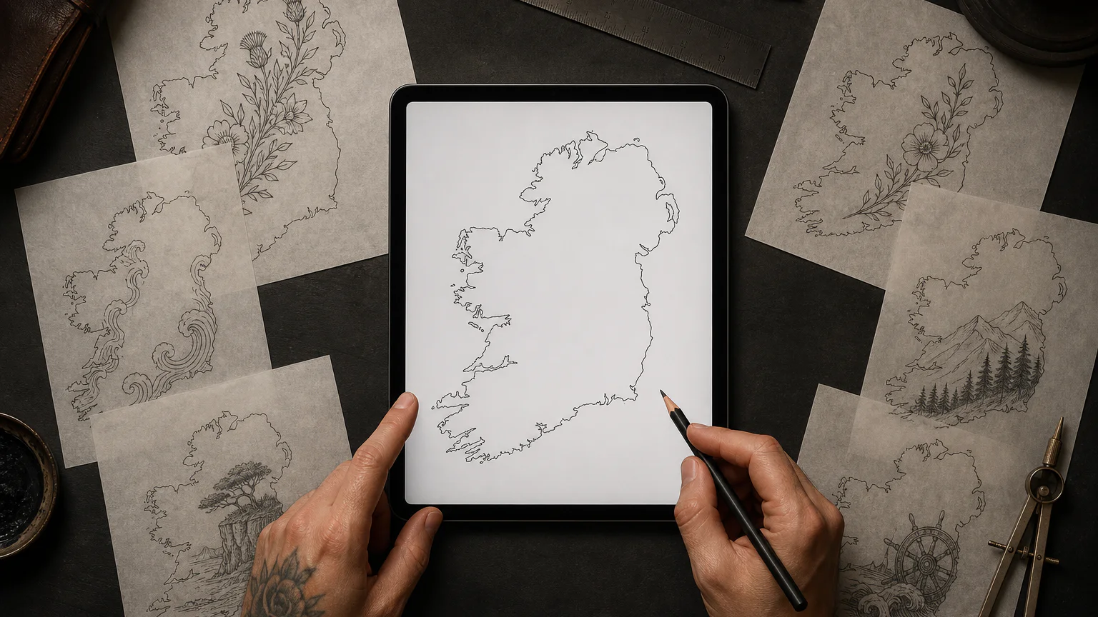 Outline-of-Ireland tattoo designs sketched on paper beside a drawing tablet