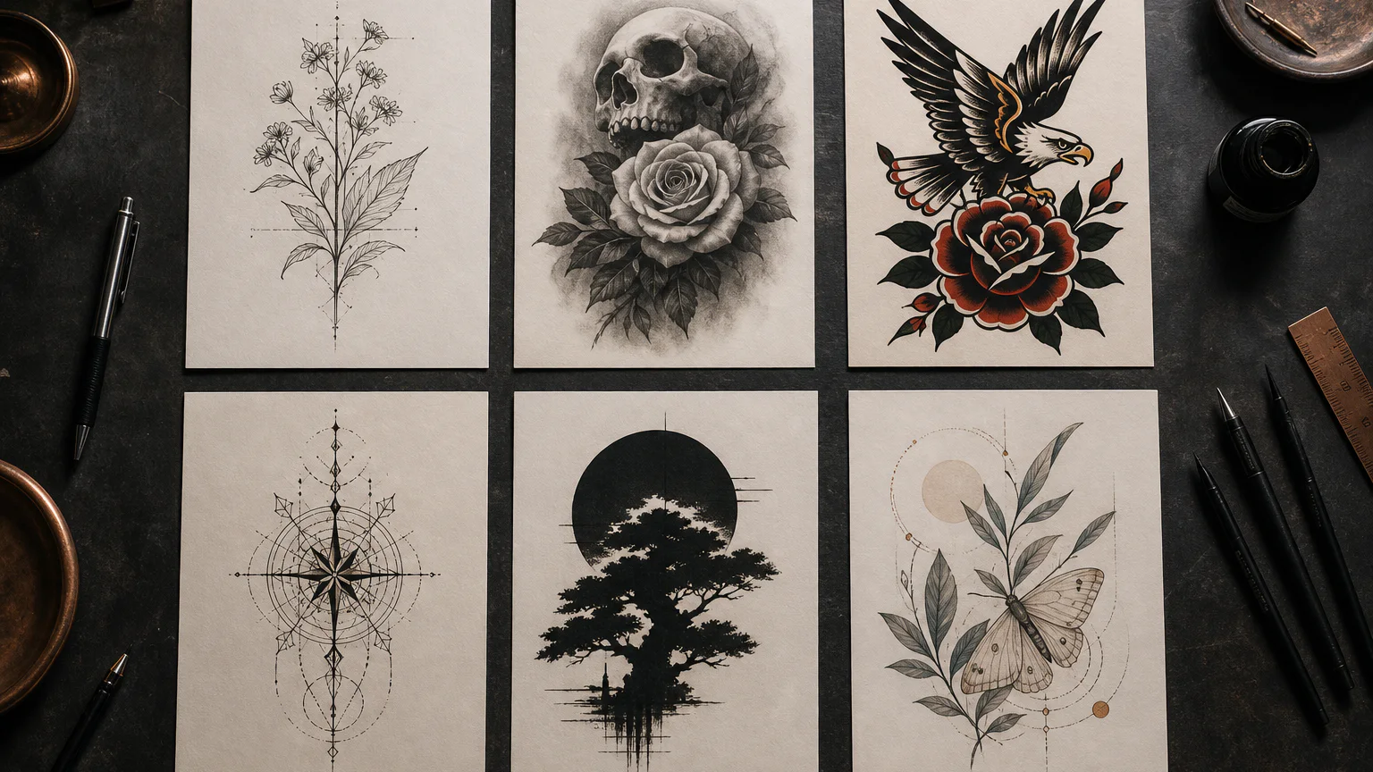Editorial comparison of six tattoo style studies on paper