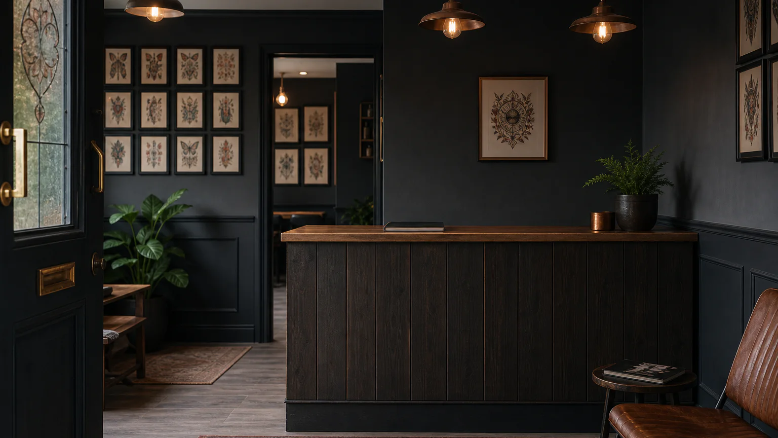 Editorial view of an empty tattoo studio reception for a walk-in guide