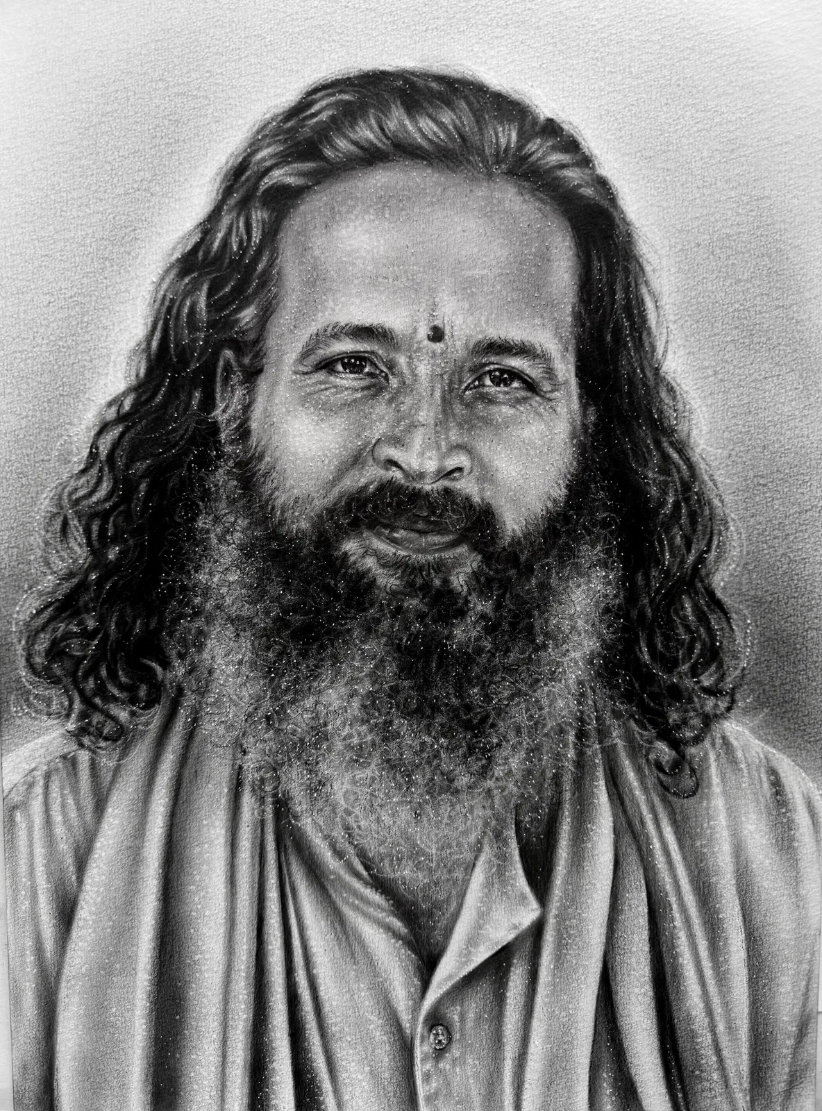 Monochrome oil painting of Paramahamsa Prajnanananda, a long-haired bearded master in a robe with a mark on his brow.