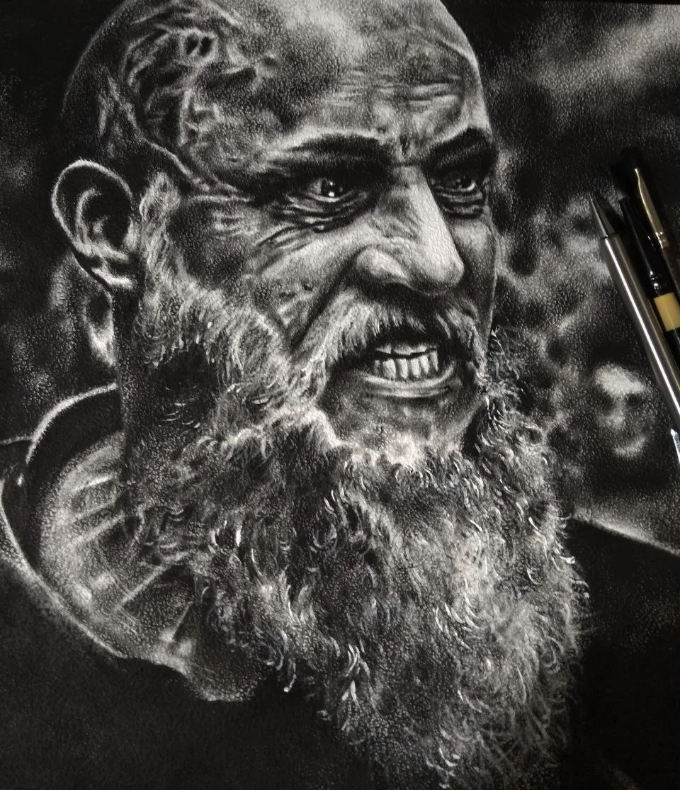 Monochrome oil painting of a bearded warrior mid-roar, veins and tattoos sharply drawn.