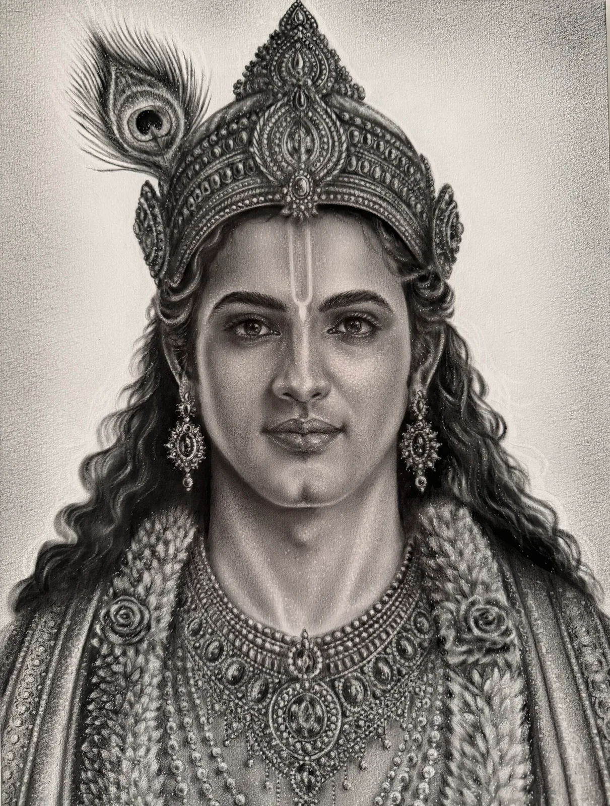 Monochrome oil painting of Sri Krishna, crowned with a peacock feather and richly adorned with jewellery.