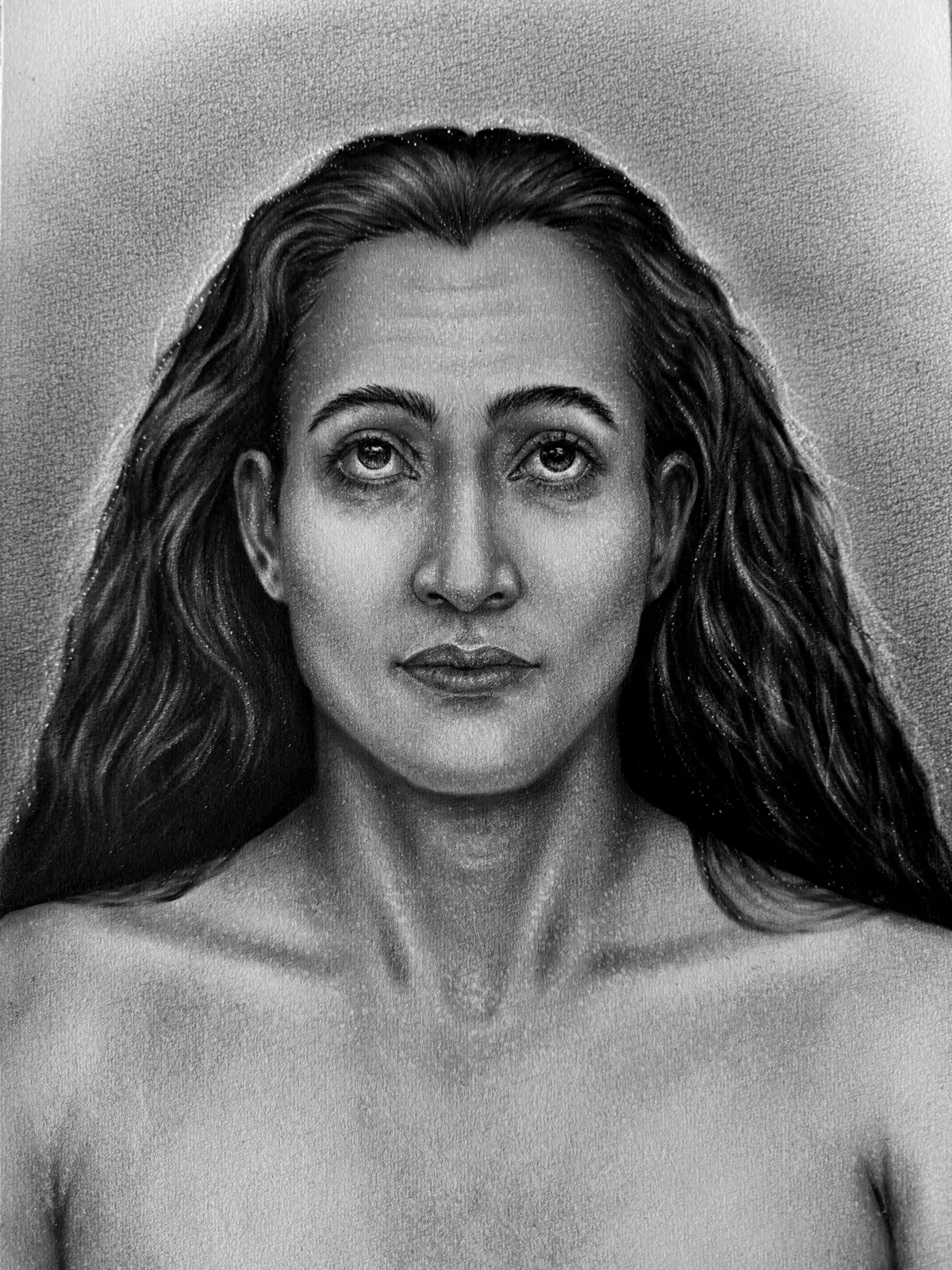 Monochrome oil painting of Babaji Maharaj, a serene long-haired yogi with a luminous, steady gaze.