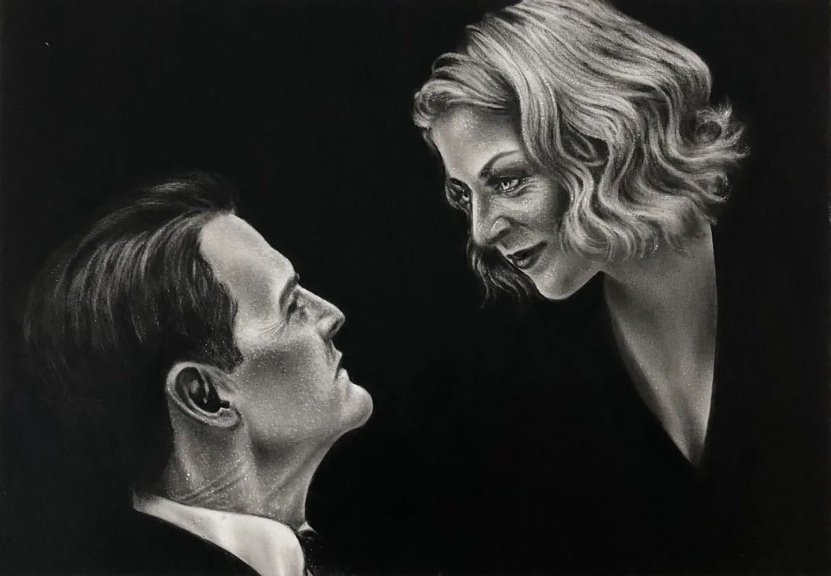 Monochrome oil painting of a seated man gazing up at a smiling woman with wavy hair leaning over him.