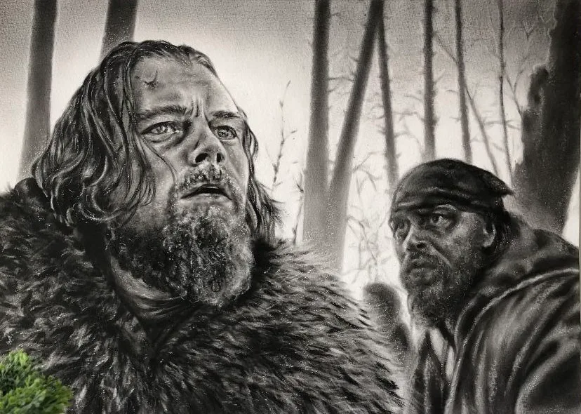 Monochrome oil painting of a fur-clad frontiersman and a companion among bare winter trees.