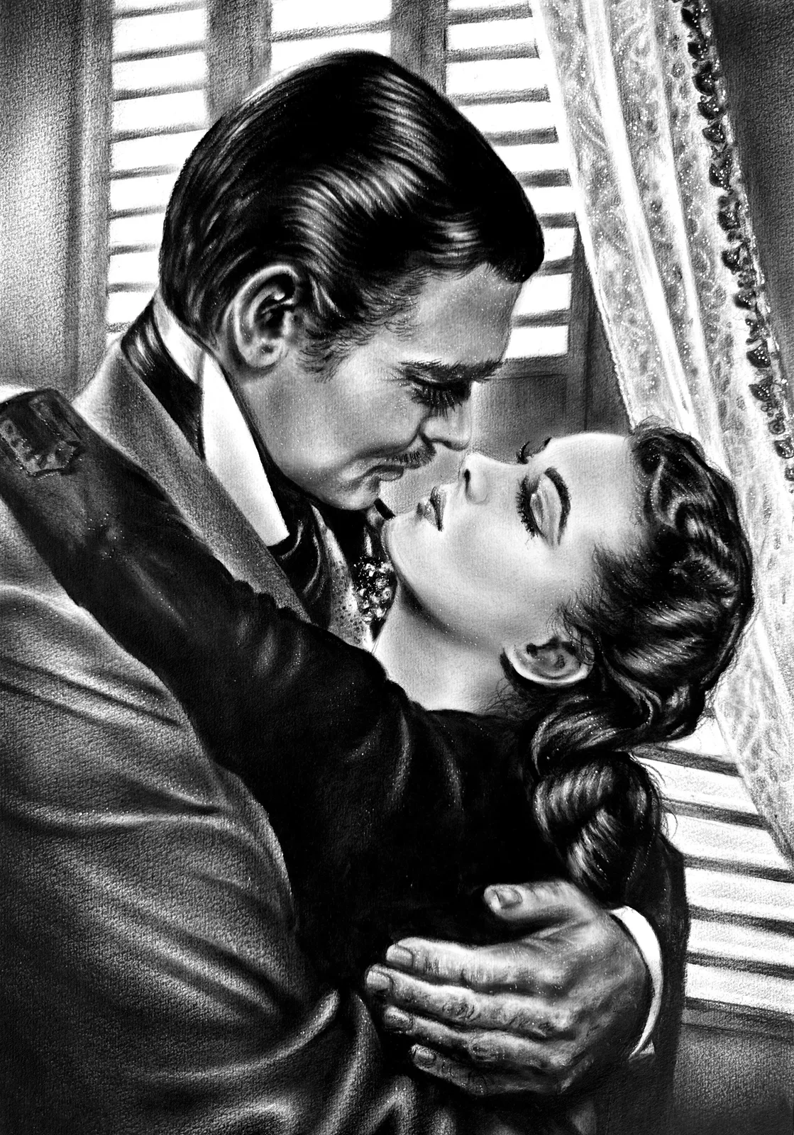 Monochrome oil painting of a formally dressed man holding a reclining woman as they gaze at one another.