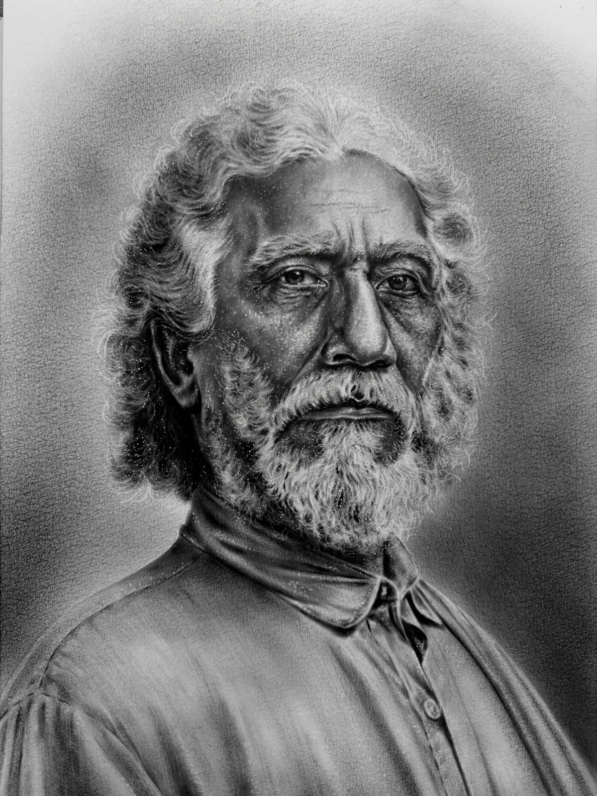 Monochrome oil painting of Swami Sri Yukteswar, a grey-haired bearded master in an open-collared shirt.