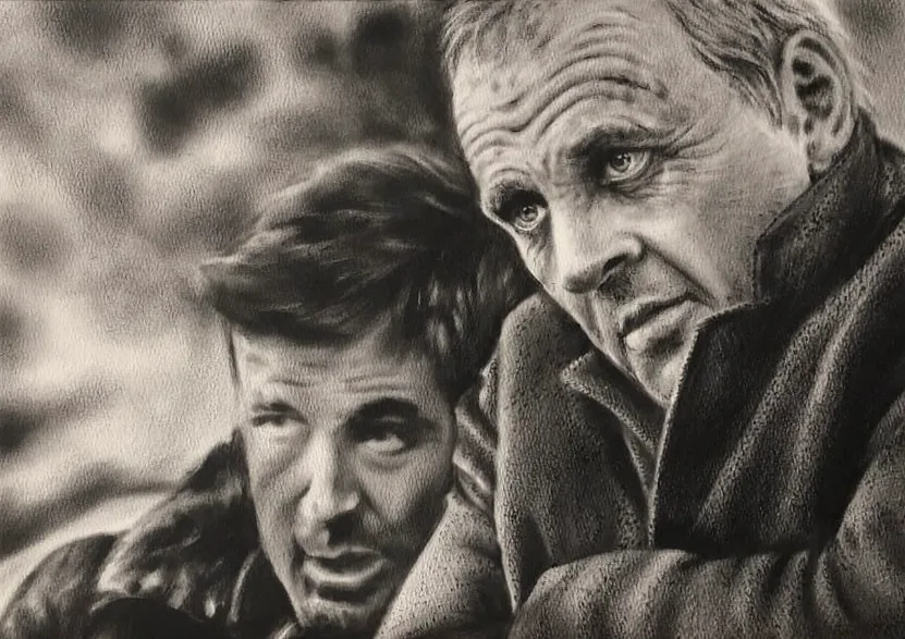 Monochrome oil painting of an older man steadying a distraught younger man against a rocky slope.