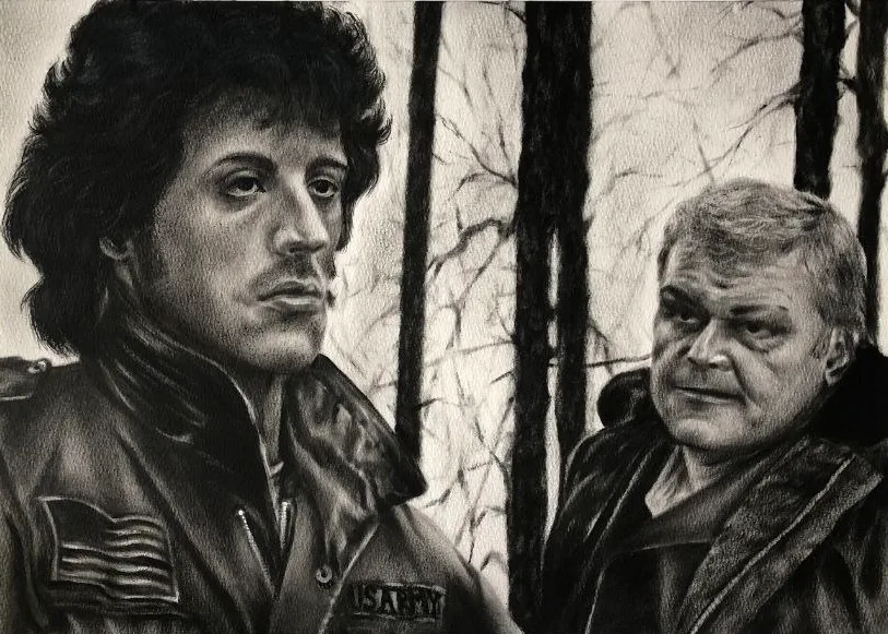 Monochrome oil painting of a long-haired man in a flag-patched jacket beside an older man among winter trees.