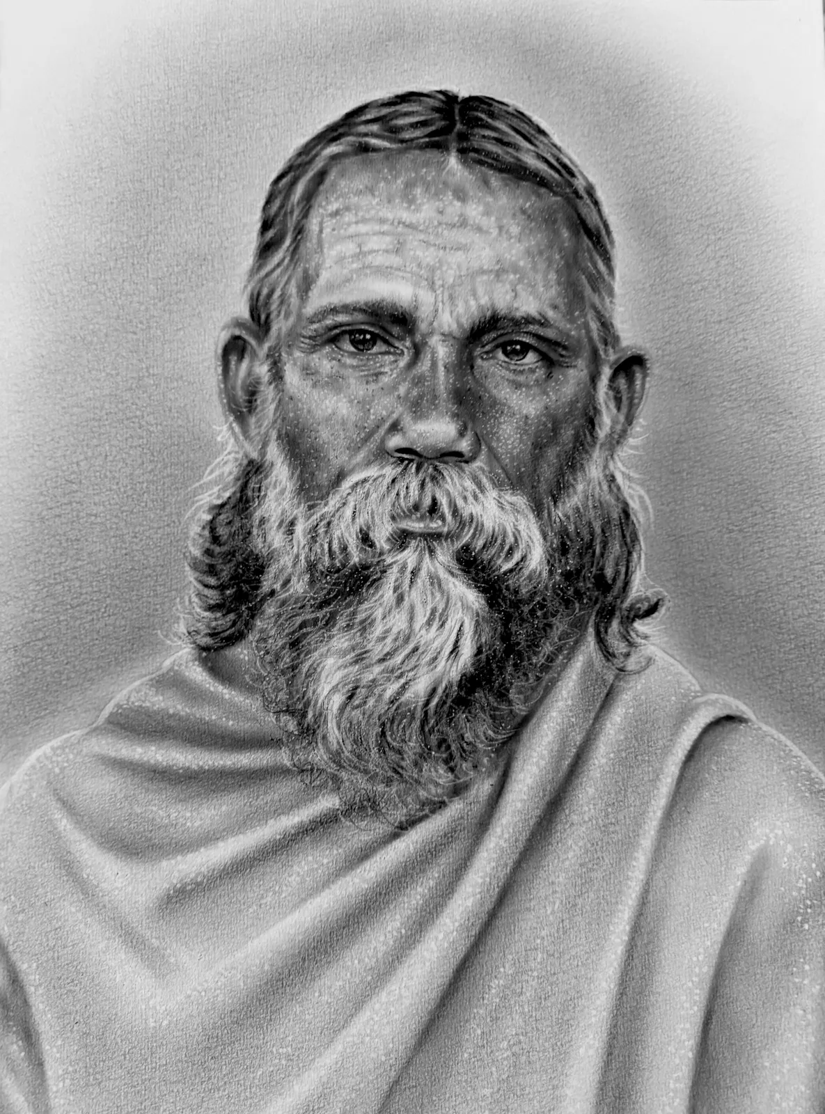 Monochrome oil painting of Swami Satyananda, a bearded master with an intense, level gaze, draped in a shawl.