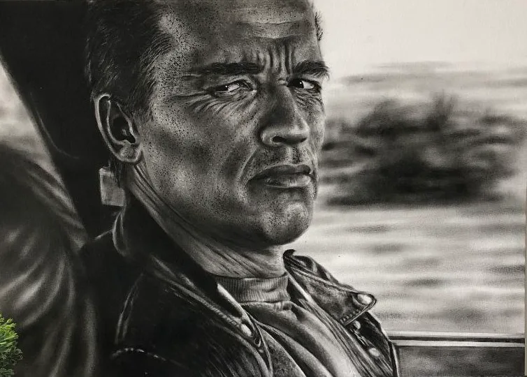 Monochrome oil painting of a stern man in a leather jacket driving through open country.