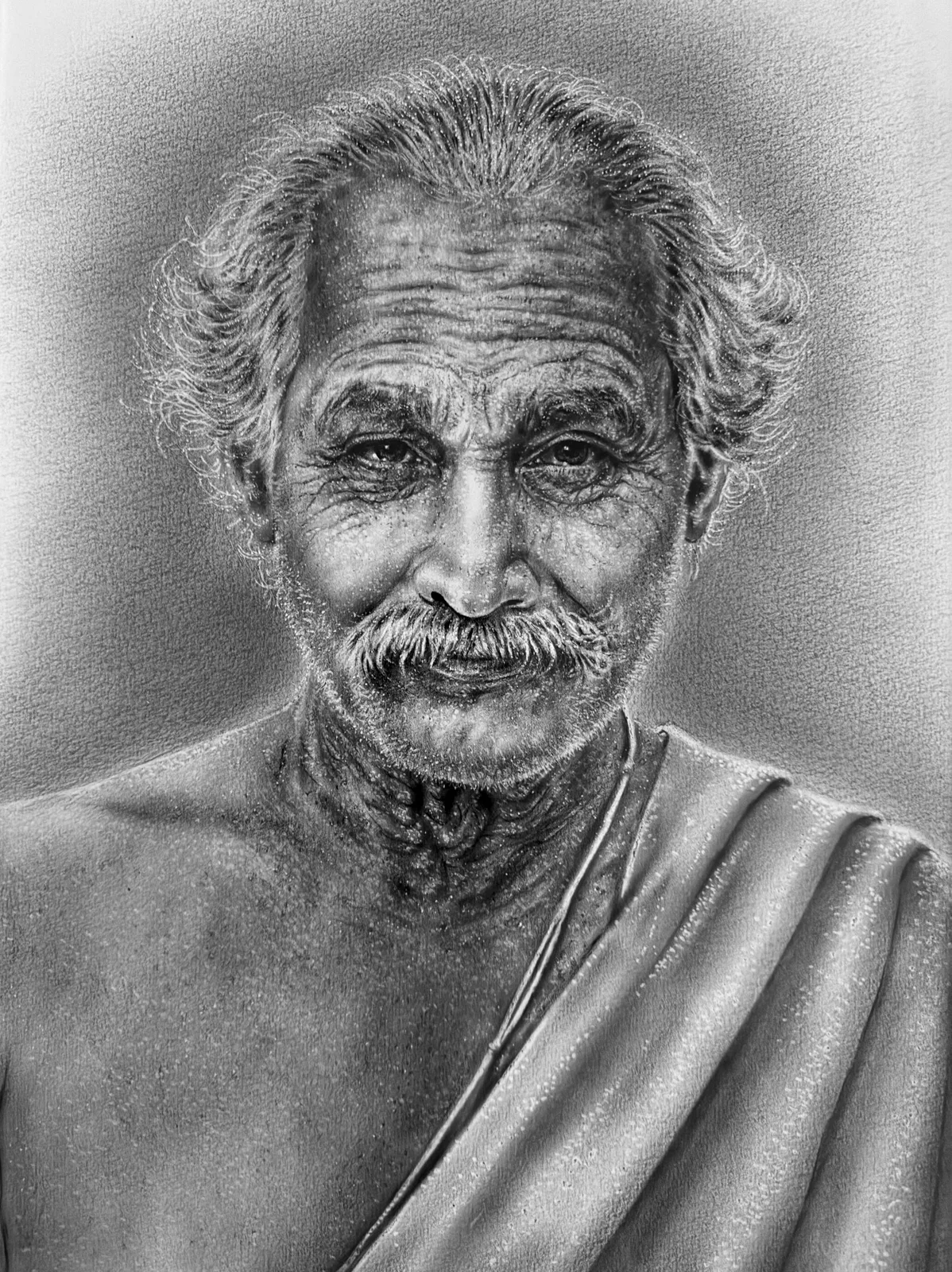 Monochrome oil painting of Lahiri Mahasaya, a calm elder with a white moustache draped in a shawl.