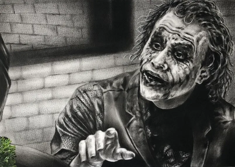 Monochrome oil painting of a crouching figure with a cracked painted face, one finger raised.