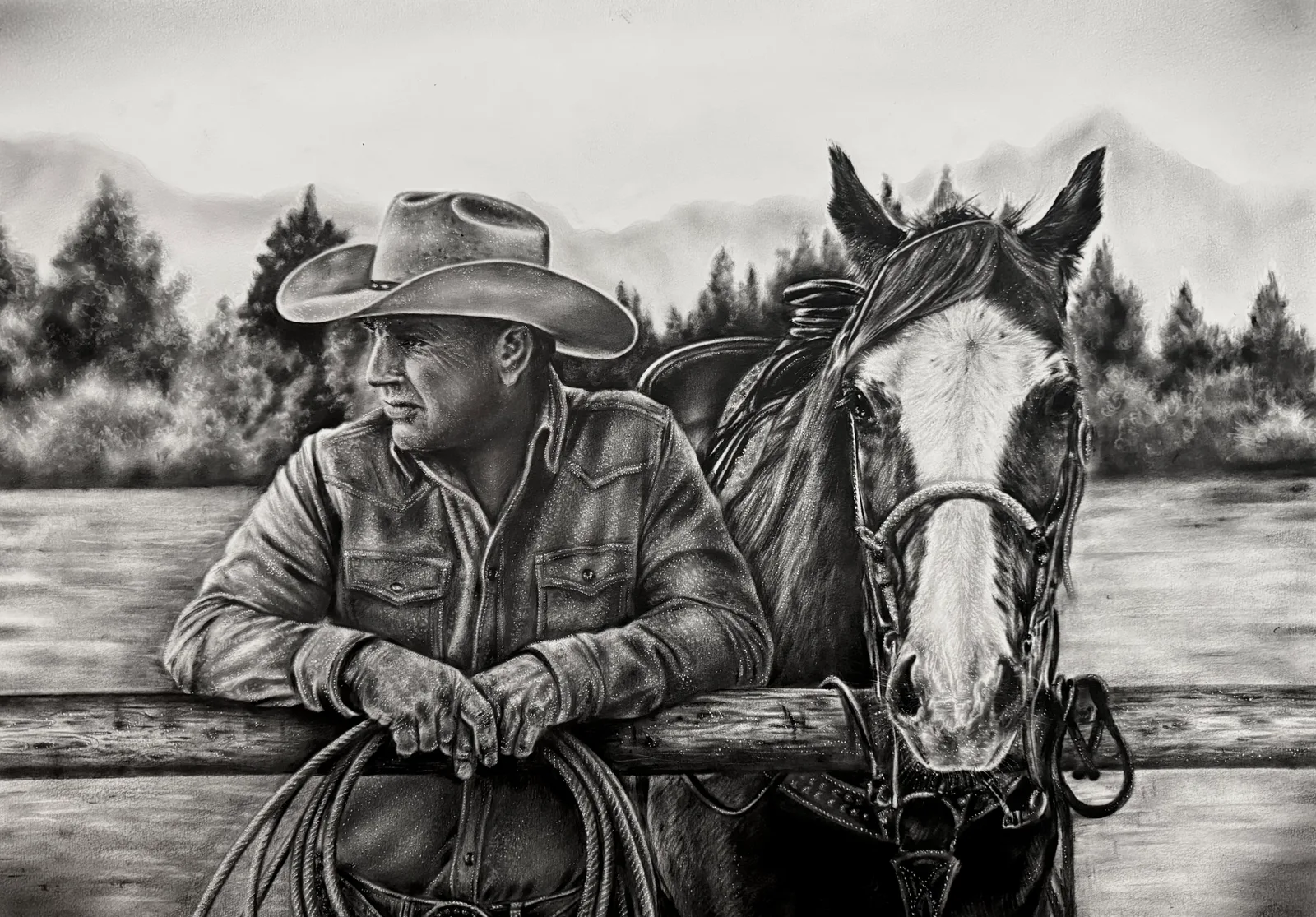 Monochrome oil painting of a man in a cowboy hat leaning on a fence beside a saddled horse, mountains behind.
