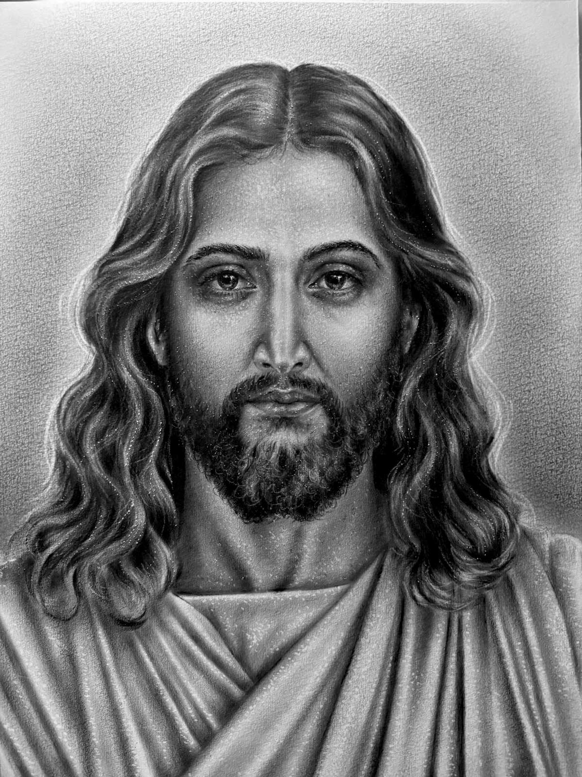 Monochrome oil painting of Jesus Christ, bearded and long-haired in flowing robes with a serene expression.