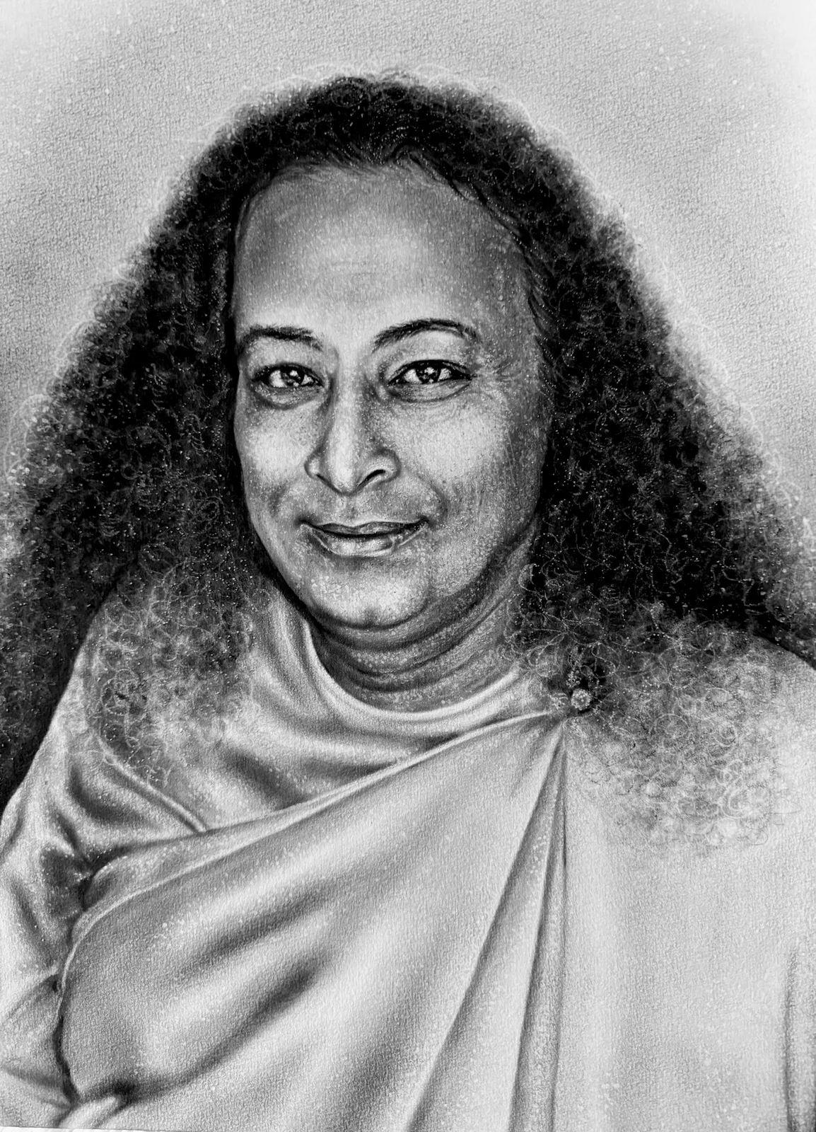 Monochrome oil painting of Paramahamsa Yogananda, a serene long-haired master in a plain robe.