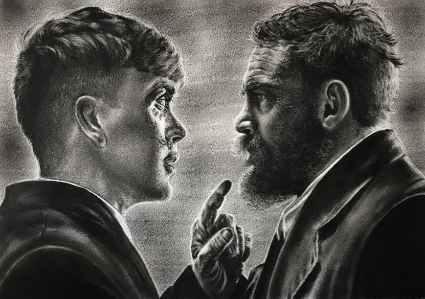 Monochrome oil painting of two men face to face, one clean-cut, one bearded and pointing a finger.