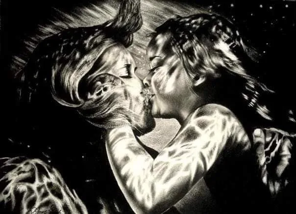 Monochrome oil painting of two figures embracing underwater as light ripples across their skin.