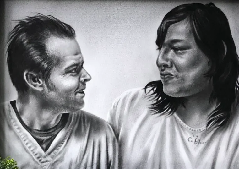 Monochrome oil painting of two men in white shirts sharing a wry, knowing glance.