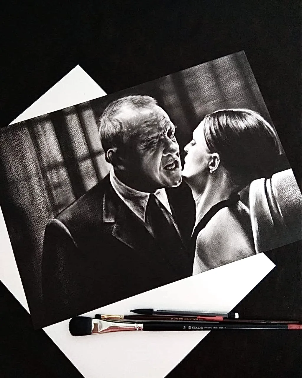 Monochrome oil painting of a man in a suit as a woman leans in to speak close to his ear.