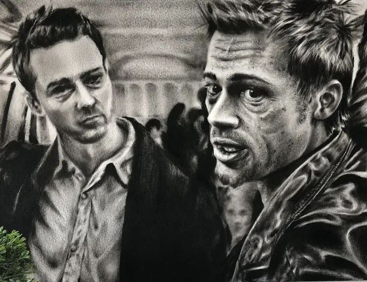 Monochrome oil painting of two intense young men before a crowd, one bare-shouldered, one in an open shirt.
