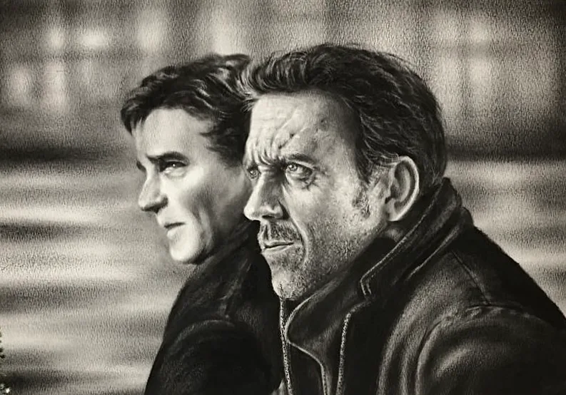 Monochrome oil painting of two men in dark coats by a river, one weathered and grim, the other younger and watchful.