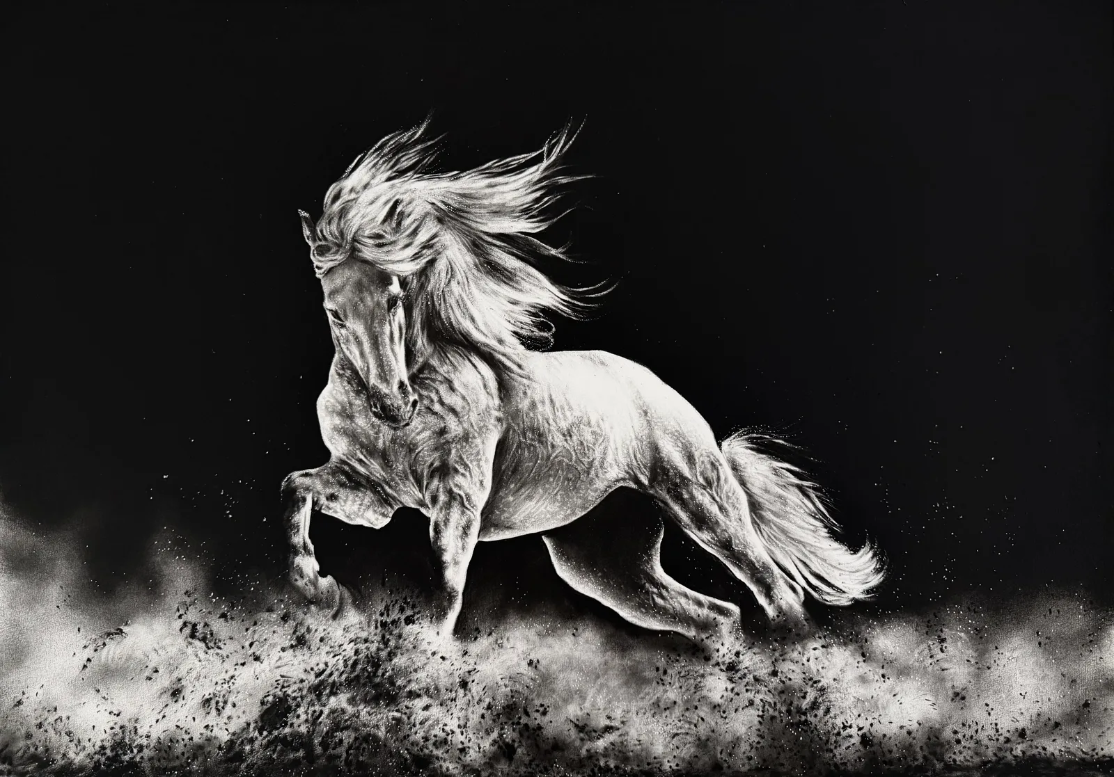 Monochrome oil painting of a pale horse galloping through a burst of dust on a dark ground.