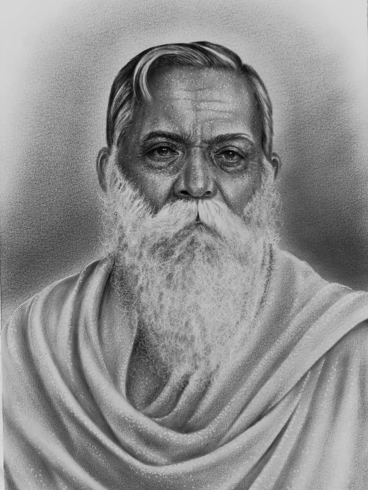 Monochrome oil painting of Sanyal Mahasaya, a white-bearded master wrapped in a shawl.