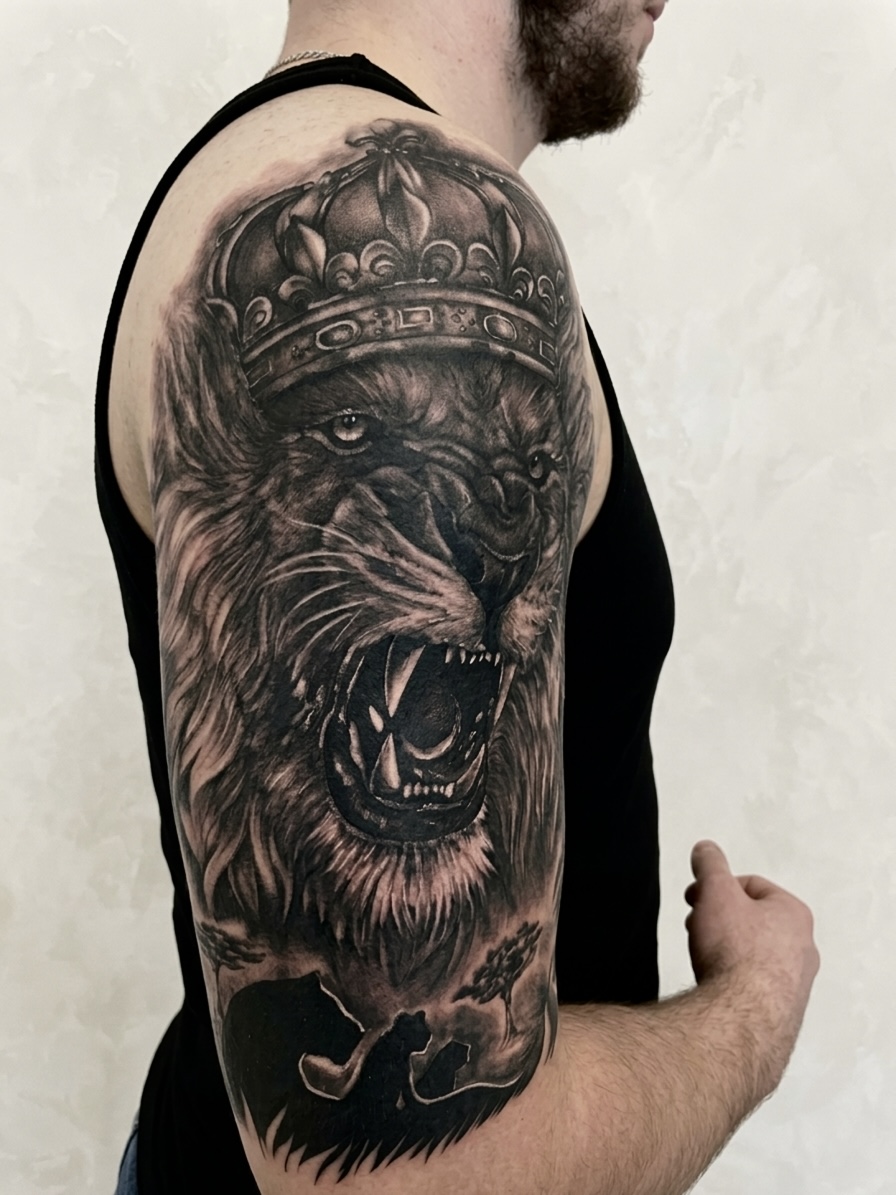 Black and grey upper-arm half-sleeve with a crowned roaring lion and dark lower background.