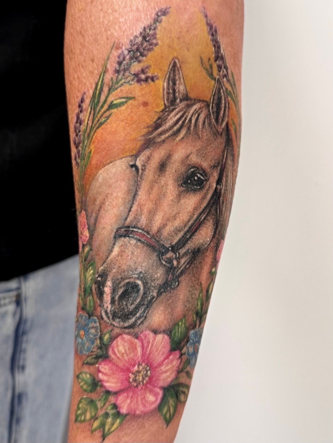 Colour horse portrait tattoo on the forearm with lavender, a pink wild rose and blue flowers