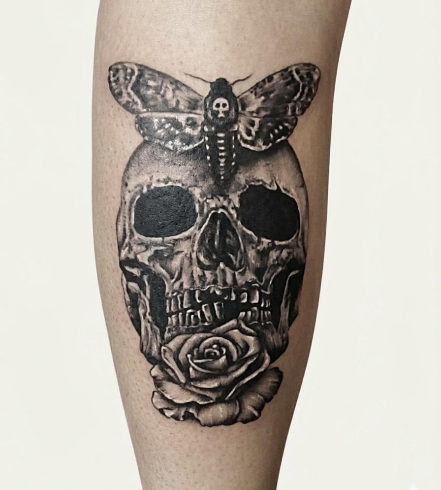 Black and grey skull, death's-head moth and rose tattoo on the leg.