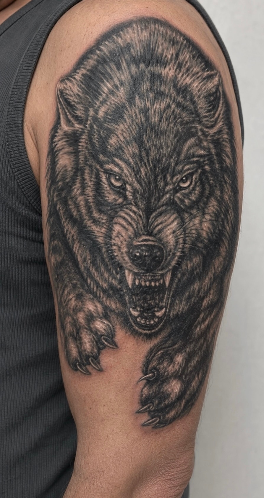 Black and grey wolf upper-arm Cover-Up with an open mouth and front paws