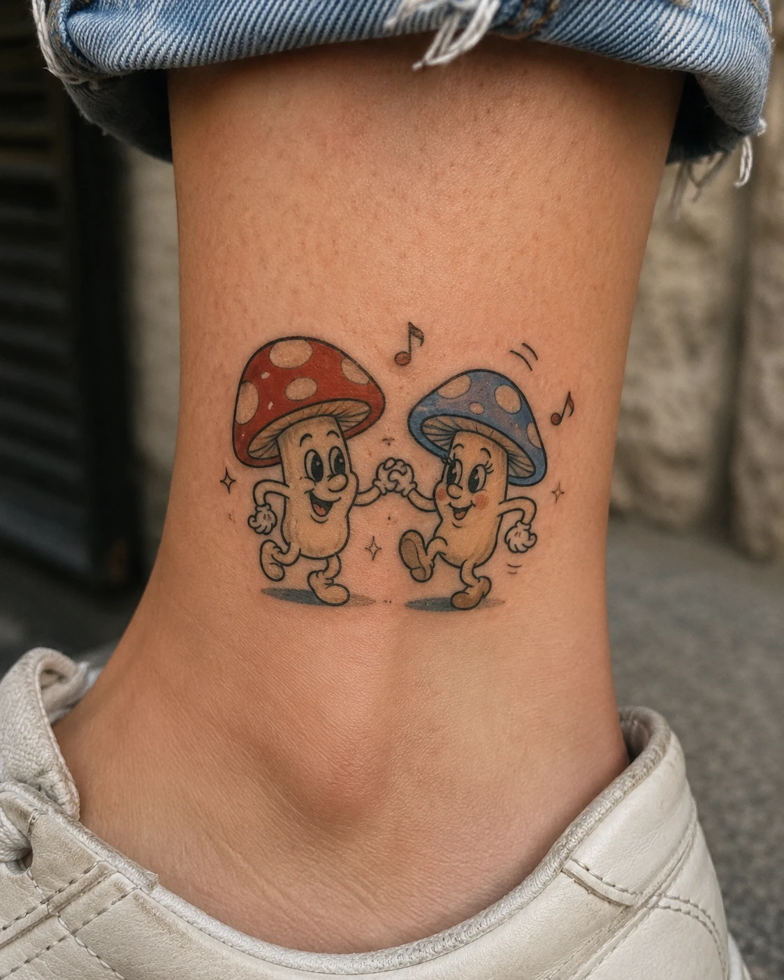 Two smiling mushrooms with red caps dance together above the ankle.