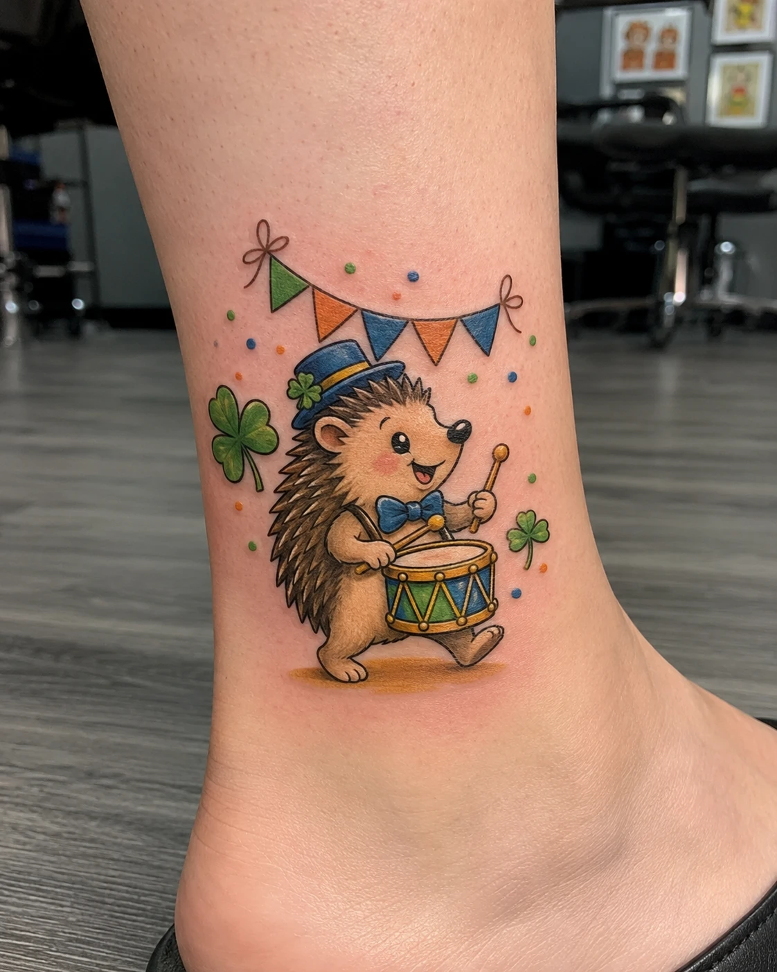 Small colour ankle tattoo of a hedgehog drummer with a blue hat and shamrocks.