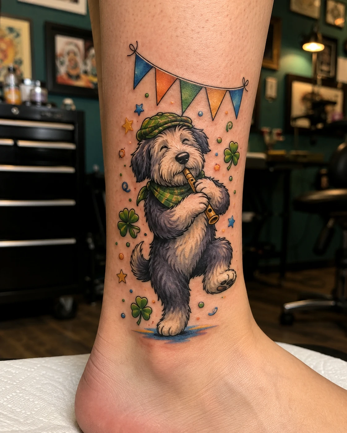 Cartoon dog playing flute with shamrocks on the ankle