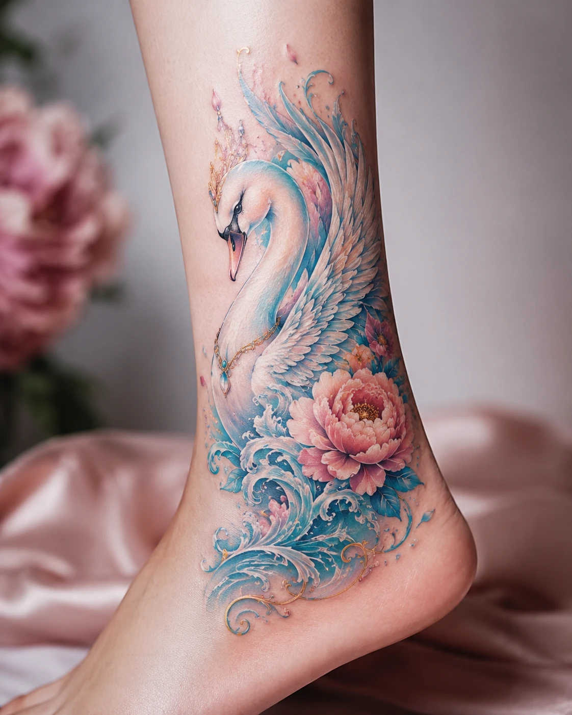 White swan and blue wave tattoo with peony on ankle