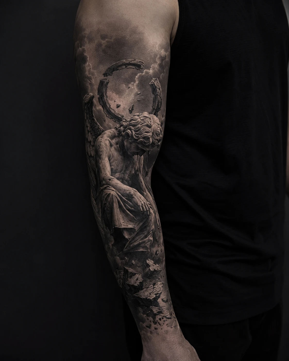 Black and grey fallen angel with bowed wings across the full arm