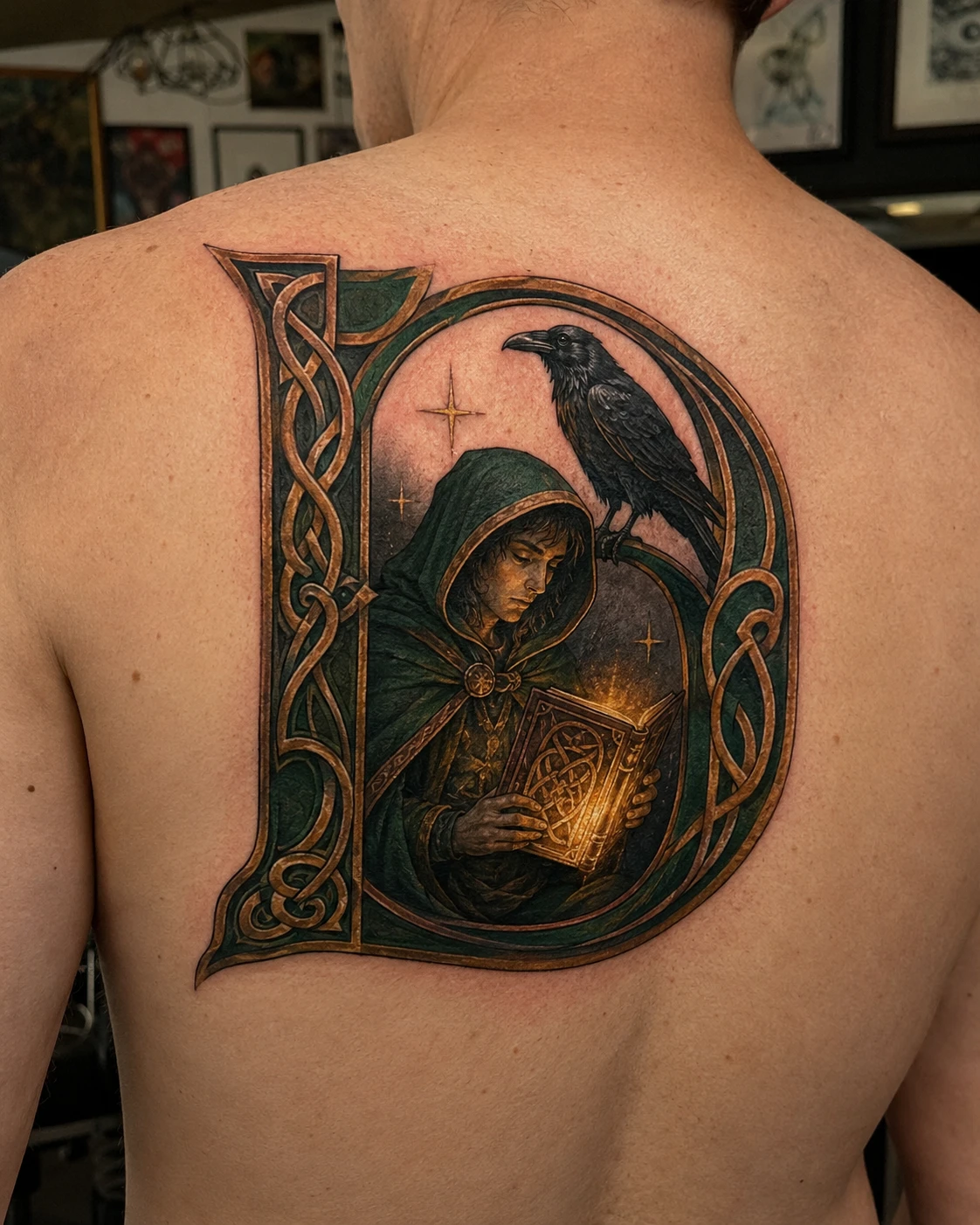 Hooded scholar studies an old book.