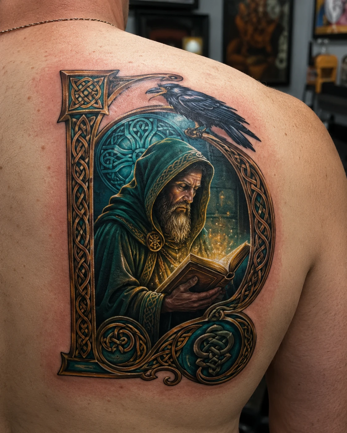 Bearded wizard reads beside a black raven.