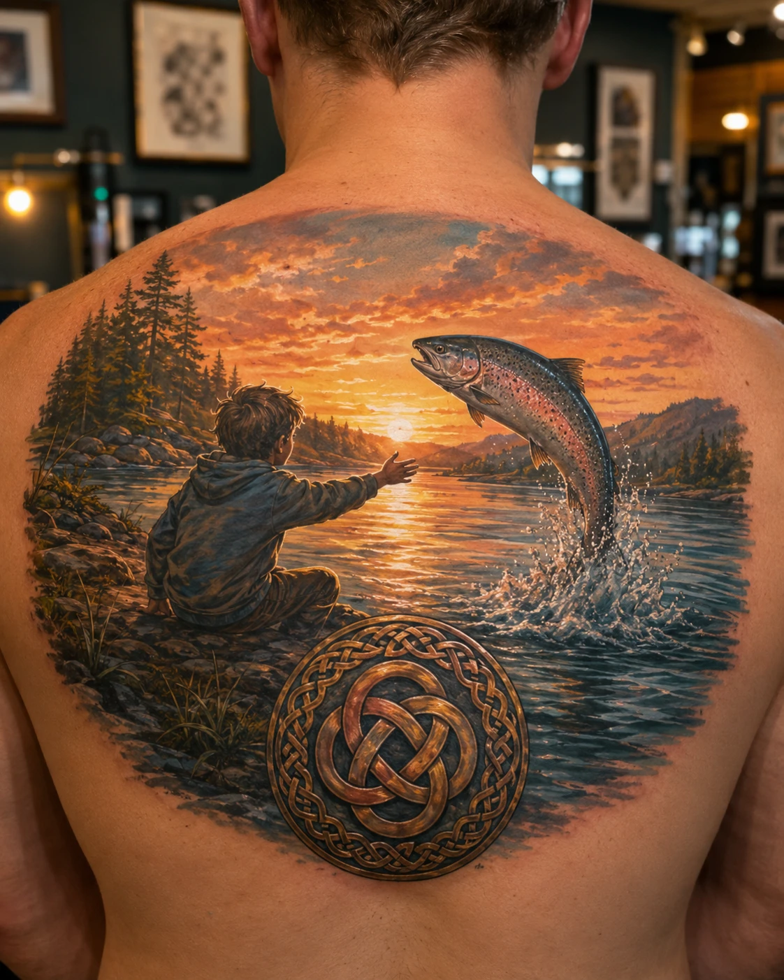 Sunset fishing scene with a child, leaping trout and Celtic knot medallion.