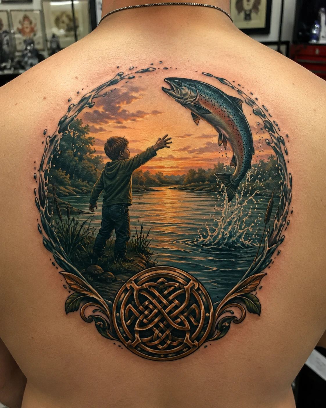 Child reaching toward a leaping trout at sunset across the back